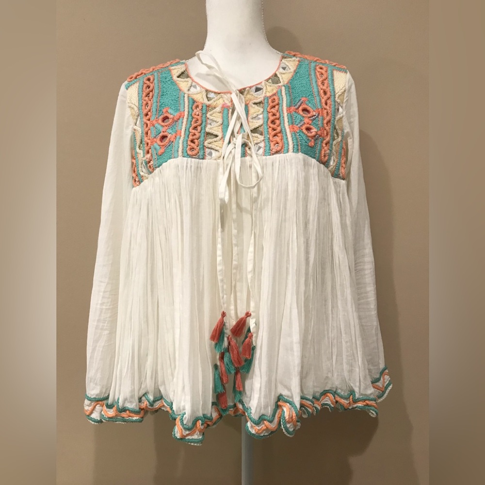 🌺🌺RAGA Woman’s 100% Thin Cotton Chest Pleated, Sleeves, Adorned Top, M - Picture 1 of 14